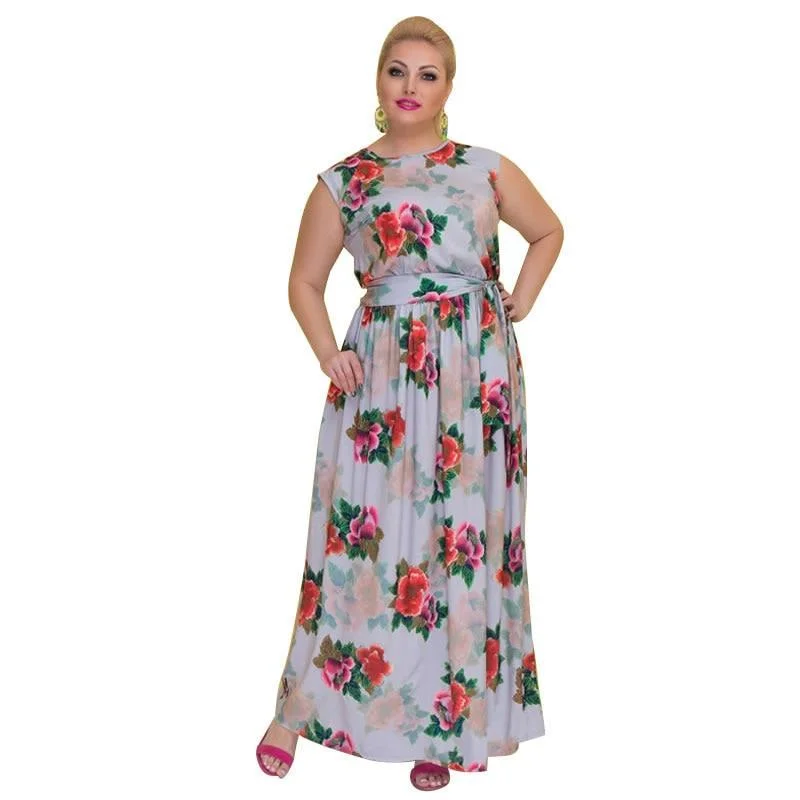 ANALUKE Floral Print Chiffon Long Dress