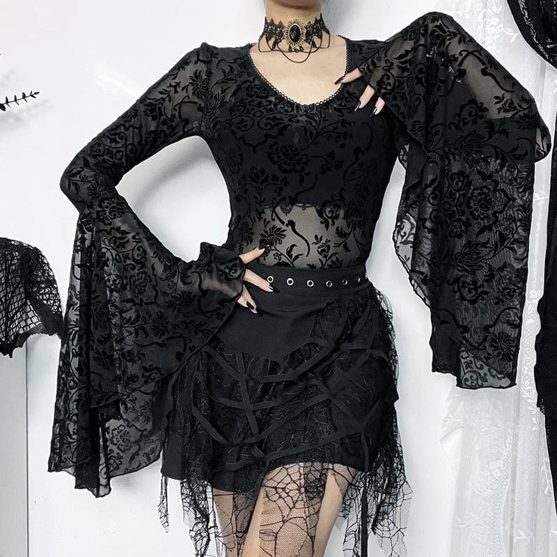 Archived Women's Gothic Flare Sleeved Flocking Bodysuit