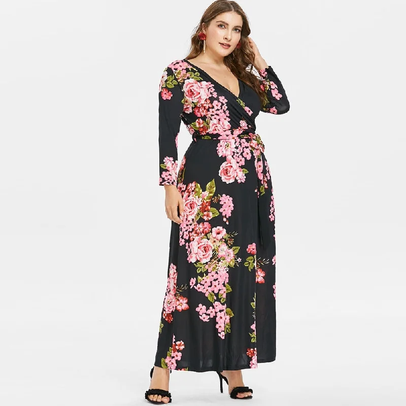 ANALUKE Plus Size Floral Print Long Dress