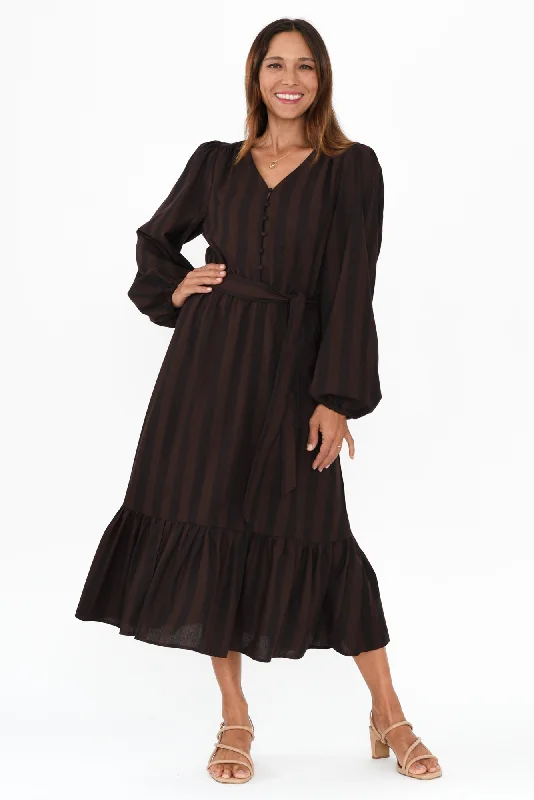 Midi dresses with wrap - around skirts for a customizable fit Melissa Chocolate Stripe Linen Blend Dress Midi dresses with wrap - around skirts for a customizable fit Melissa Chocolate Stripe Linen Blend Dress