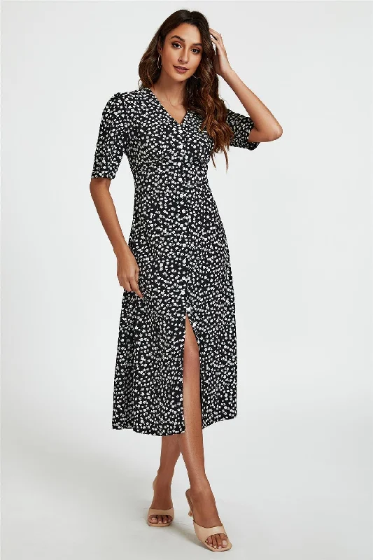 Midi dresses with wrap - around skirts for a customizable fit Little Floral Print Button Front Midi Dress In Black Midi dresses with wrap - around skirts for a customizable fit Little Floral Print Button Front Midi Dress In Black
