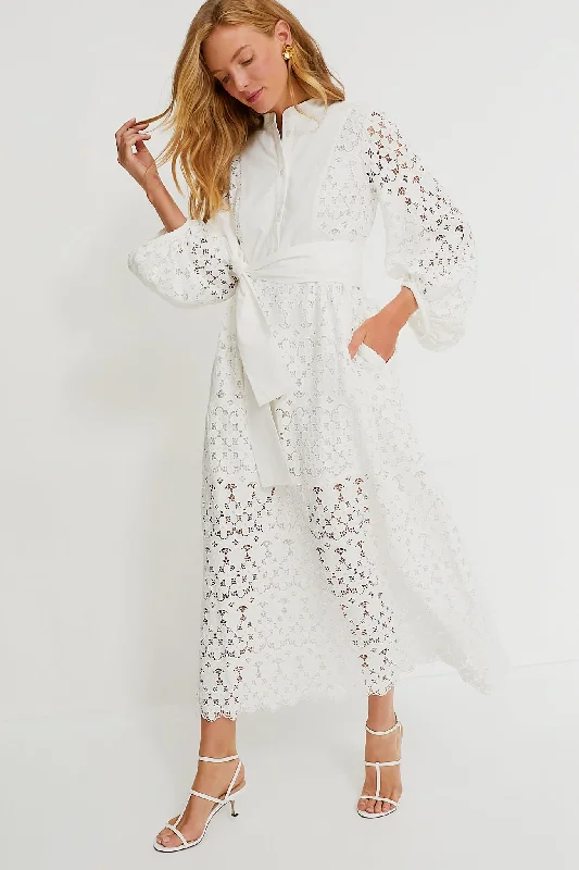 Plaid midi dresses for a fall - themed family gathering White Lace Calliope Dress