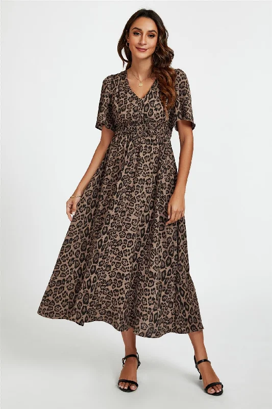 Midi dresses with halter necks for a stylish and comfortable option Leopard Print V Neck Midi Dress In Brown Midi dresses with halter necks for a stylish and comfortable option Leopard Print V Neck Midi Dress In Brown