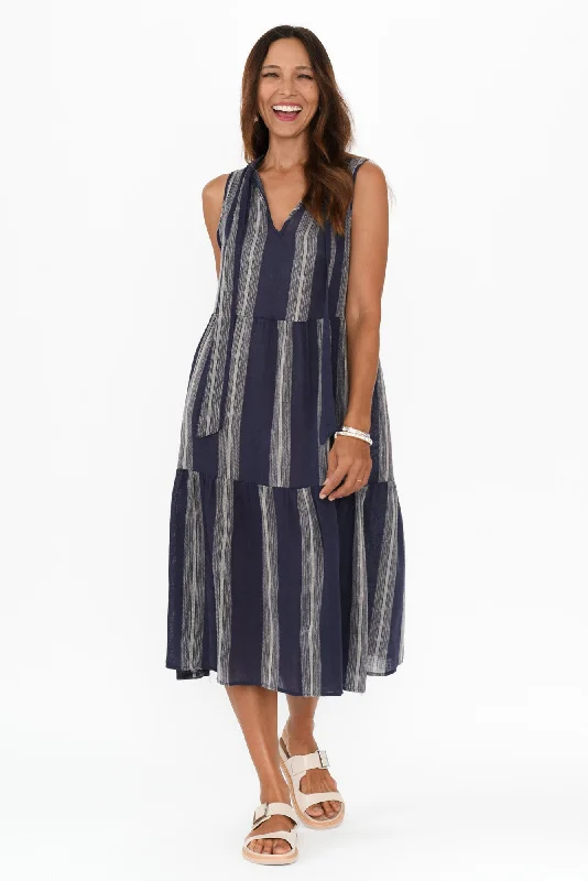 Midi dresses with satin - finish fabrics for a luxurious feel Lizzy Navy Stripe Tier Dress Midi dresses with satin - finish fabrics for a luxurious feel Lizzy Navy Stripe Tier Dress