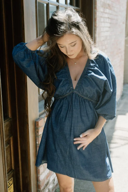 Polyester mini dresses for easy care Denim V Neck Mini Dress