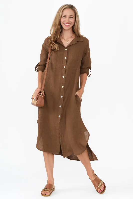 Midi dresses with pleated skirts for a timeless and elegant appeal Elin Mocha Linen Shirt Dress