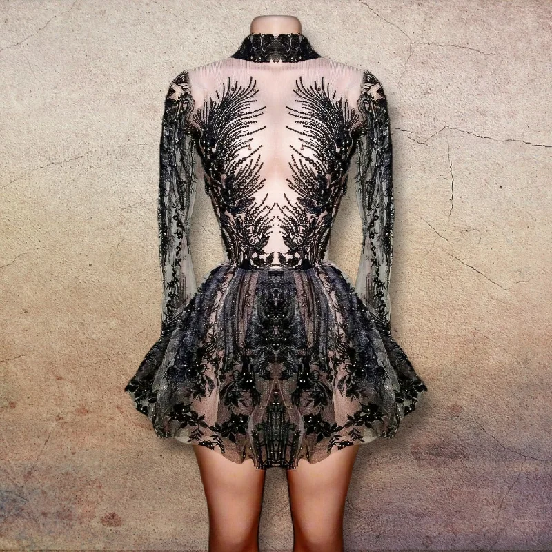 Denim mini dresses with distressed details Tai Embroidery Skater dress
