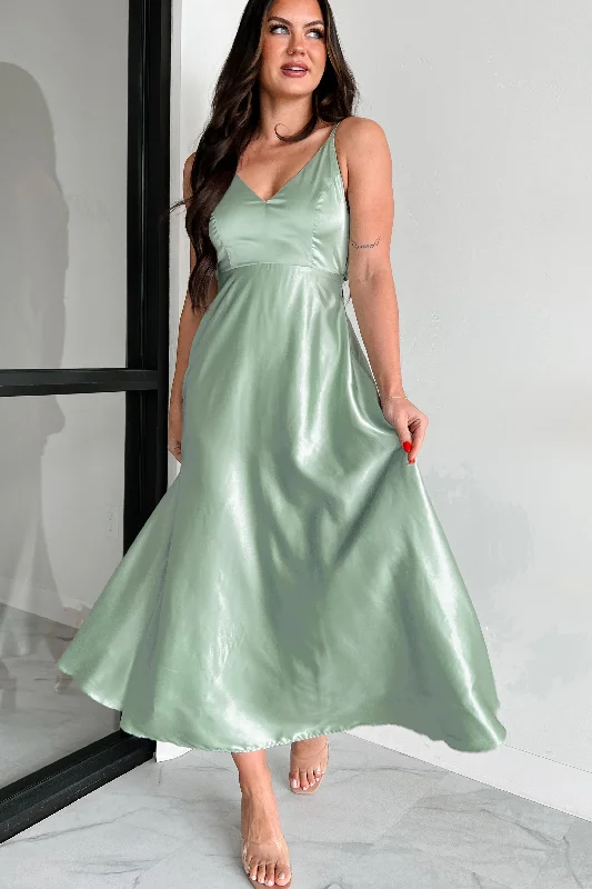 Midi dresses with cold - shoulder cutouts for a trendy style Luxurious Poise Satin Midi Dress (Pastel Sage) Midi dresses with cold - shoulder cutouts for a trendy style Luxurious Poise Satin Midi Dress (Pastel Sage)