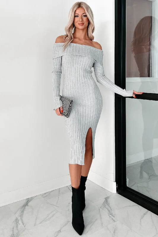Midi dresses with asymmetric hems for a fashion - forward and dynamic appearance Leah Off The Shoulder Sweater Dress (Light Heather Grey) Midi dresses with asymmetric hems for a fashion - forward and dynamic appearance Leah Off The Shoulder Sweater Dress (Light Heather Grey)
