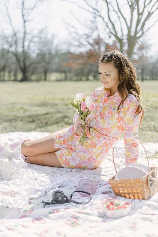 Mini dresses with pocket details for added functionality Pink & Orange Flower Belted Denim Dress Mini dresses with pocket details for added functionality Pink & Orange Flower Belted Denim Dress