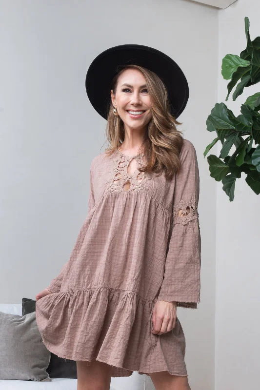 Mini dresses with side slits for a sexy appeal Long Sleeve Tiered Peasant Mini Dress with Embroidered Lace Trim in Mocha (16043) Mini dresses with side slits for a sexy appeal Long Sleeve Tiered Peasant Mini Dress with Embroidered Lace Trim in Mocha (16043)