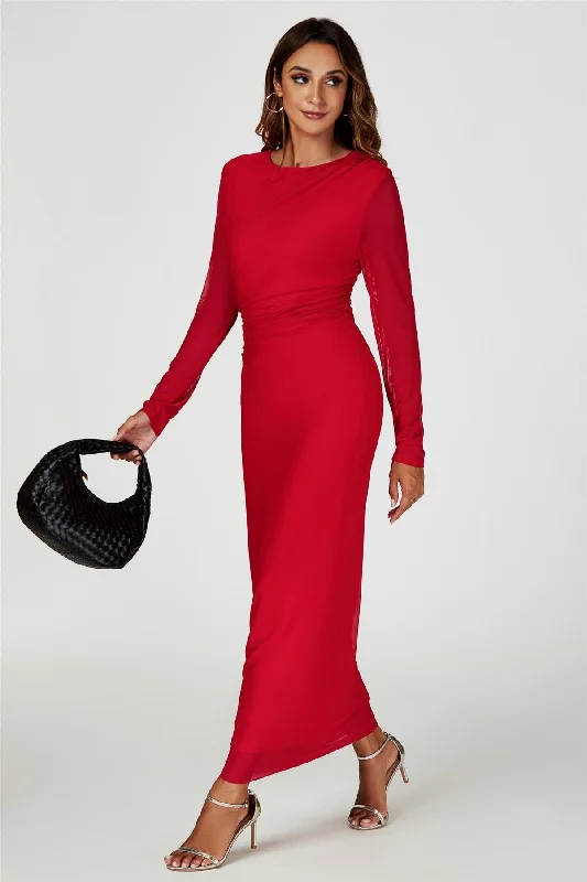 Midi dresses with one - shoulder designs for a modern and asymmetric style Langärmliges Midikleid aus Netzstoff in Rot Midi dresses with one - shoulder designs for a modern and asymmetric style Langärmliges Midikleid aus Netzstoff in Rot