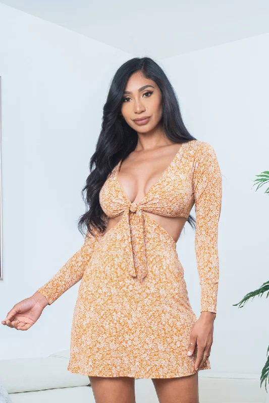 Mini dresses with geometric prints for a modern aesthetic Floral Print Long Sleeve Tie Front Plunge V Neck Mini Dress with Midriff Cutout in Mustard (DR96989)