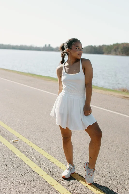 Mini dresses with gathered skirts for a voluminous effect White Athletic Romper Dress Mini dresses with gathered skirts for a voluminous effect White Athletic Romper Dress