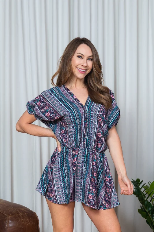 Denim mini dresses with distressed details Geo Floral Striped Dolman Puff Sleeve V Neck Micro Mini Dress with Flirty A Line Skirt in Teal* (152082)