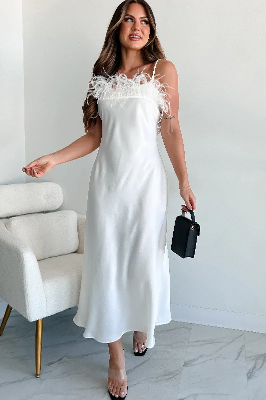 Midi dresses with mesh inserts for a trendy and breathable option Birds Of Paradise Faux Feather Trim Midi Dress (Ivory) Midi dresses with mesh inserts for a trendy and breathable option Birds Of Paradise Faux Feather Trim Midi Dress (Ivory)