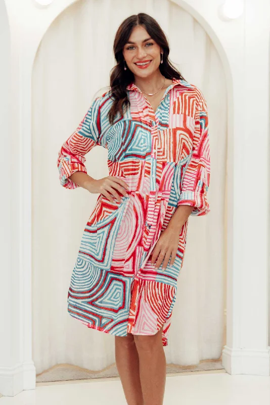 Midi dresses with geometric cutouts for a contemporary and edgy look Maya Pink Geo Cotton Shirt Dress Midi dresses with geometric cutouts for a contemporary and edgy look Maya Pink Geo Cotton Shirt Dress