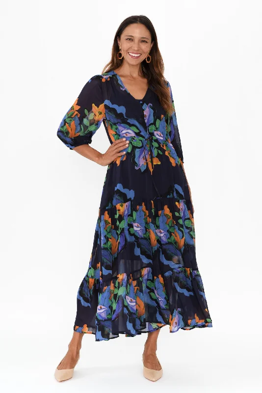 Midi dresses with button - front designs for a classic touch Twilight Navy Floral Tier Dress Midi dresses with button - front designs for a classic touch Twilight Navy Floral Tier Dress