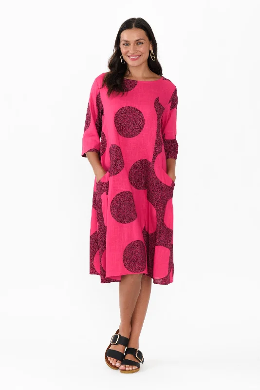 Midi dresses with puff sleeves for a vintage - inspired look Norene Pink Spot Linen Cotton Dress Midi dresses with puff sleeves for a vintage - inspired look Norene Pink Spot Linen Cotton Dress