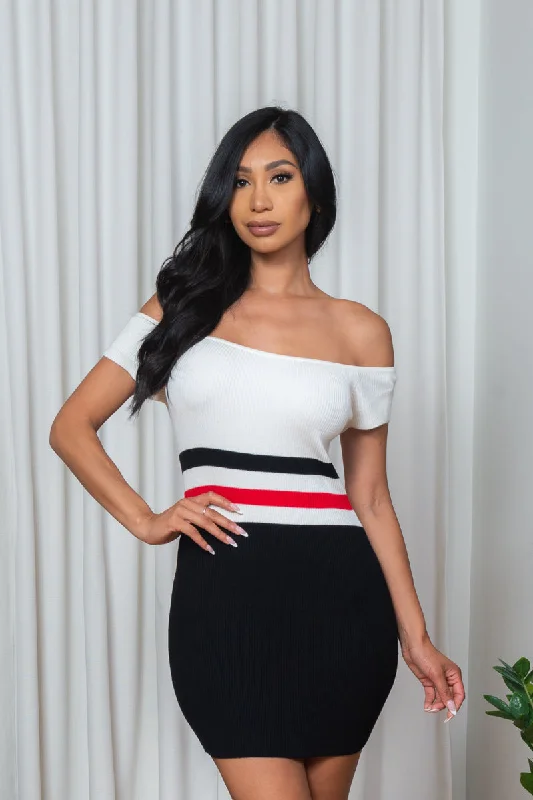 Strapless mini dresses for a beach vacation 'Classic Sass' Rib Knit Off Shoulder Cap Sleeve Bodycon Mini Dress in White, Black & Red (187185) Strapless mini dresses for a beach vacation 'Classic Sass' Rib Knit Off Shoulder Cap Sleeve Bodycon Mini Dress in White, Black & Red (187185)