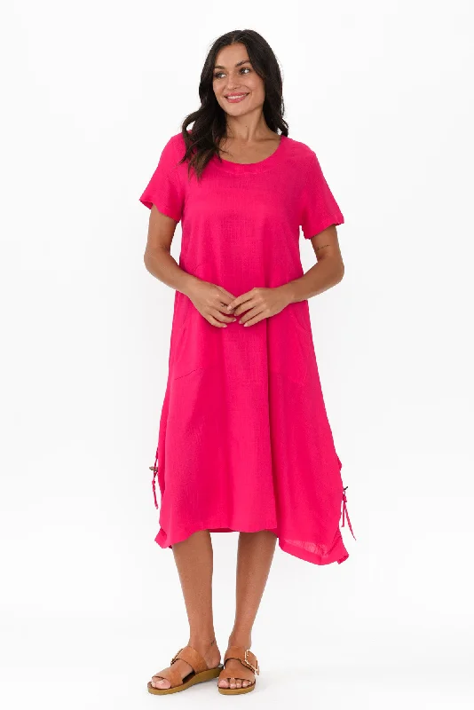 Midi dresses with tiered skirts for a bohemian festival look Erisa Hot Pink Linen Cotton Dress Midi dresses with tiered skirts for a bohemian festival look Erisa Hot Pink Linen Cotton Dress