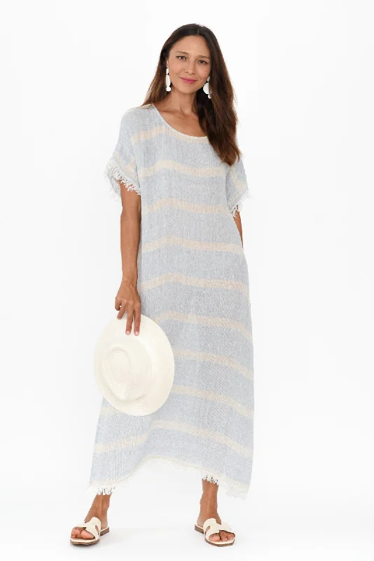 Midi dresses with keyhole backs for a flirty and unexpected detail Galene Blue Stripe Linen Dress Midi dresses with keyhole backs for a flirty and unexpected detail Galene Blue Stripe Linen Dress