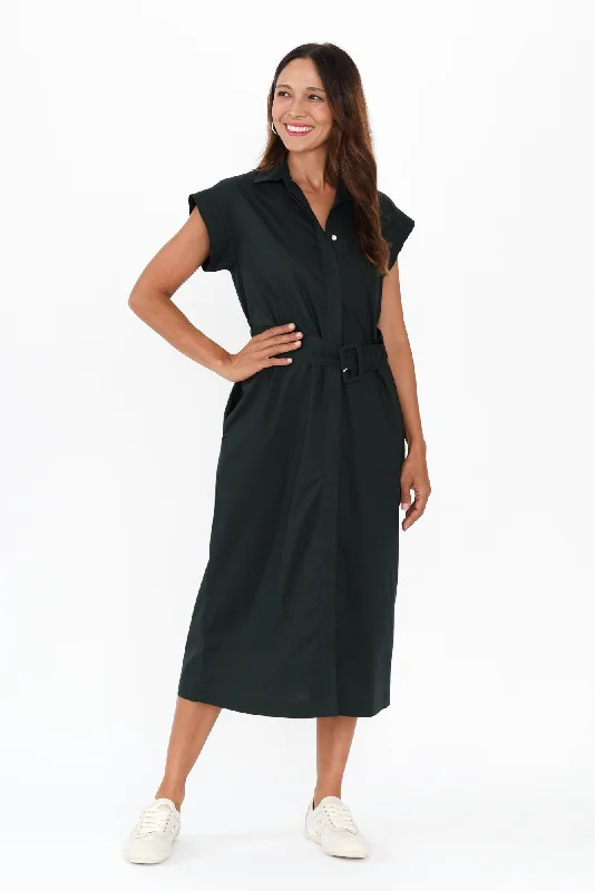 Midi dresses with lace - up fronts for a unique and adjustable style Gail Black Cotton Belted Dress
