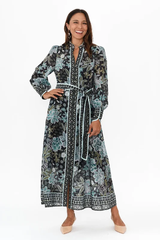 Midi dresses with V - necklines for a flattering and elongating effect Sienna Blue Floral Cotton Silk Dress Midi dresses with V - necklines for a flattering and elongating effect Sienna Blue Floral Cotton Silk Dress