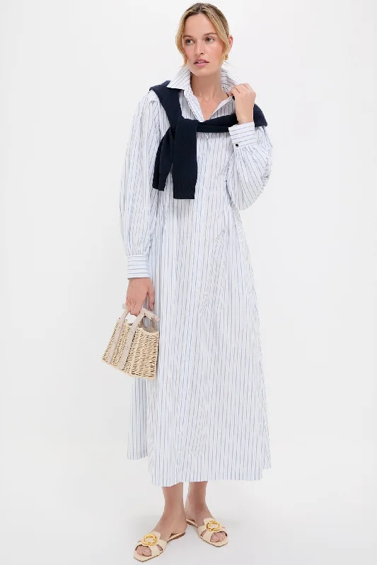 Midi dresses with pleated skirts for a timeless and elegant appeal White and Blue Stripe Corinne Dress Midi dresses with pleated skirts for a timeless and elegant appeal White and Blue Stripe Corinne Dress