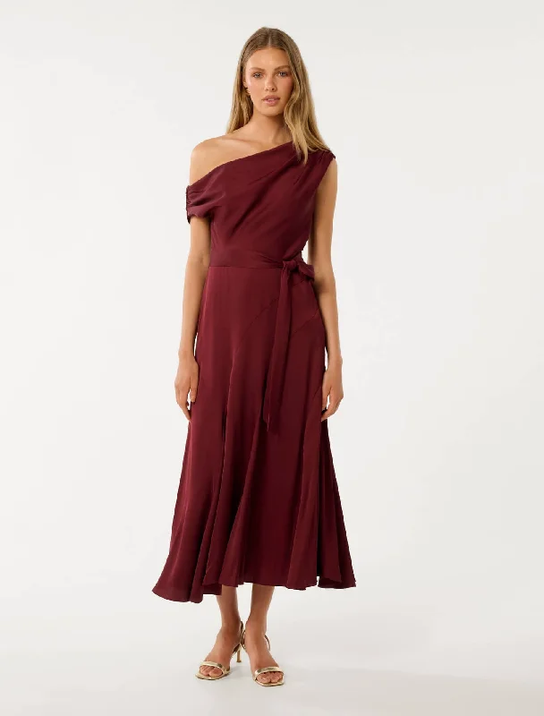 Midi dresses with ruched sleeves for a more fitted and stylish arm look Megan Satin Asym Midi Dress Midi dresses with ruched sleeves for a more fitted and stylish arm look Megan Satin Asym Midi Dress