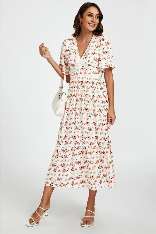 Midi dresses with ruched sleeves for a more fitted and stylish arm look Red Floral Print Lace Detail Angel Sleeve Midi Dress In Cream Midi dresses with ruched sleeves for a more fitted and stylish arm look Red Floral Print Lace Detail Angel Sleeve Midi Dress In Cream