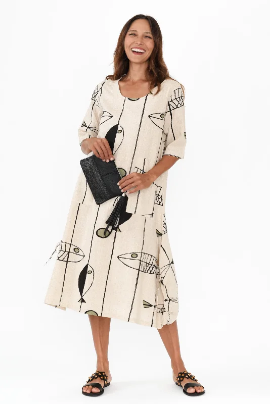 Midi dresses with ruched sleeves for a more fitted and stylish arm look Hailee Beige Sea Linen Cotton Dress Midi dresses with ruched sleeves for a more fitted and stylish arm look Hailee Beige Sea Linen Cotton Dress