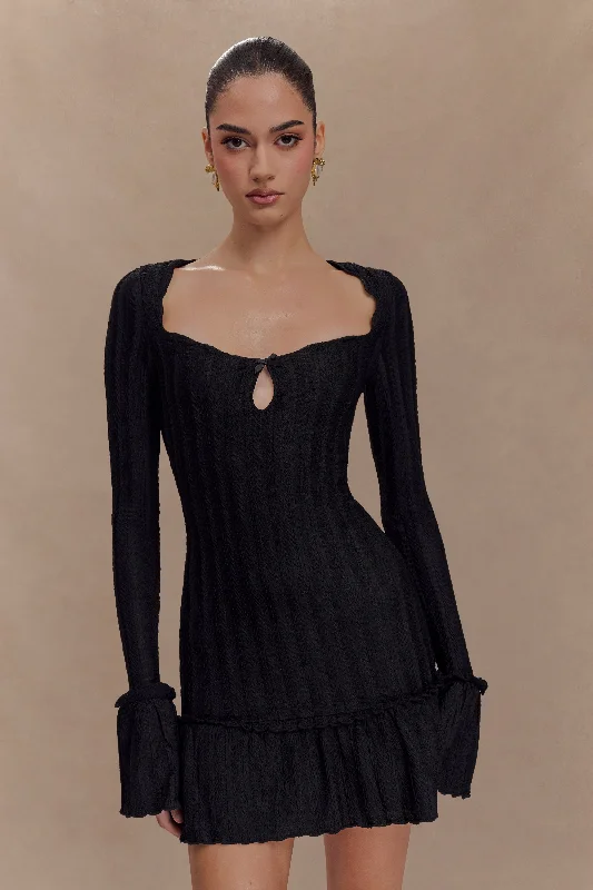 Mini dresses with V - necklines for a flattering shape Daphne Pointelle Long Sleeve Mini Dress - Black Mini dresses with V - necklines for a flattering shape Daphne Pointelle Long Sleeve Mini Dress - Black