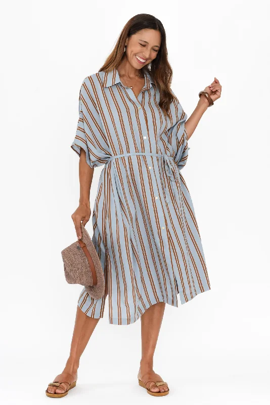 Midi dresses with button - down skirts for a unique and functional design Grounded Blue Stripe Tie Dress Midi dresses with button - down skirts for a unique and functional design Grounded Blue Stripe Tie Dress