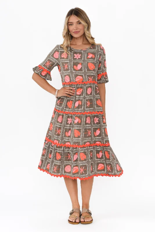 Midi dresses with mesh inserts for a trendy and breathable option Cecelia Taupe Tile Tier Dress