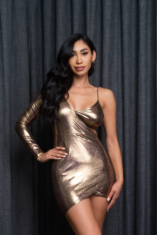 Printed mini dresses for a casual day out Gilded Trophy One Shoulder V Neck Mini Dress with Asymmetrical Hem in Metallic Bronze (AD-8028) Printed mini dresses for a casual day out Gilded Trophy One Shoulder V Neck Mini Dress with Asymmetrical Hem in Metallic Bronze (AD-8028)
