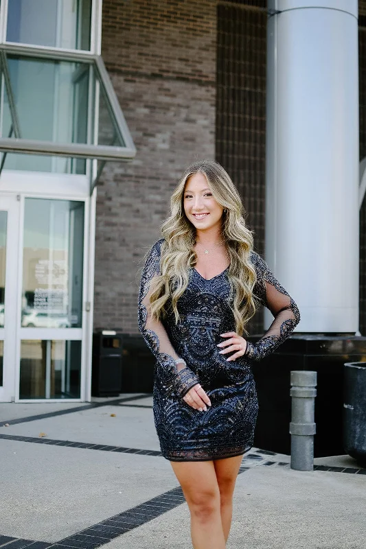 Mini dresses with cut - out details for a trendy look Navy Beaded Long Sleeve Cocktail Dress Mini dresses with cut - out details for a trendy look Navy Beaded Long Sleeve Cocktail Dress