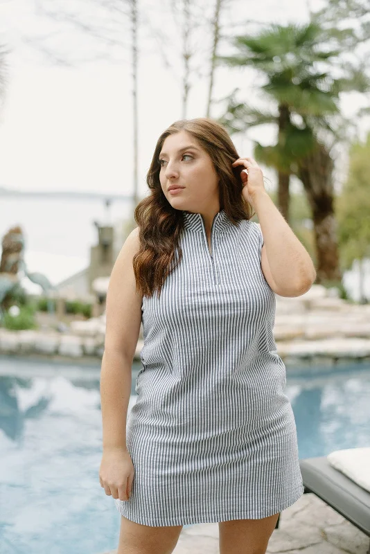 Strapless mini dresses for a beach vacation Lulu B Navy Striped Zip Shirt Dress