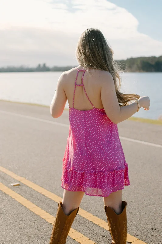 Denim mini dresses with distressed details Hot Pink Cross Back Mini Dress