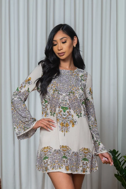 Mini dresses with keyhole necklines Paisley Motif Adorned Long Bell Sleeve Tunic Mini Dress with Round Keyhole Tie Back in Beige (165666) Mini dresses with keyhole necklines Paisley Motif Adorned Long Bell Sleeve Tunic Mini Dress with Round Keyhole Tie Back in Beige (165666)