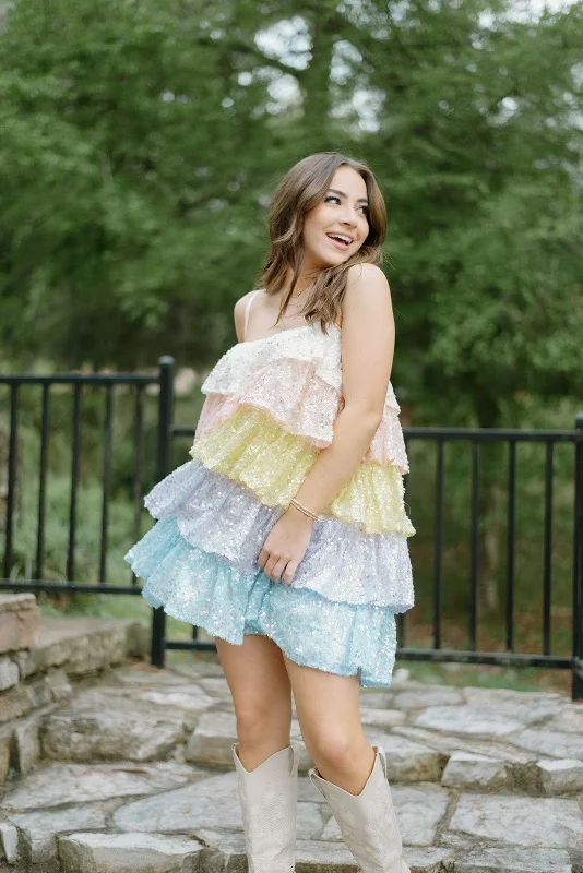 Denim mini dresses with distressed details Pastel Sequin Tiered Ruffle Dress