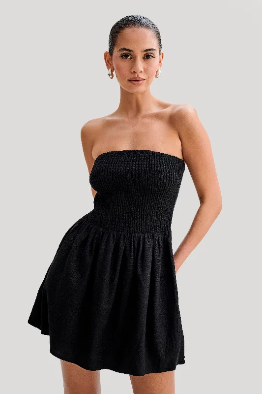 Mini dresses with side slits for a sexy appeal Holland Linen Shirring Mini Dress - Black Mini dresses with side slits for a sexy appeal Holland Linen Shirring Mini Dress - Black