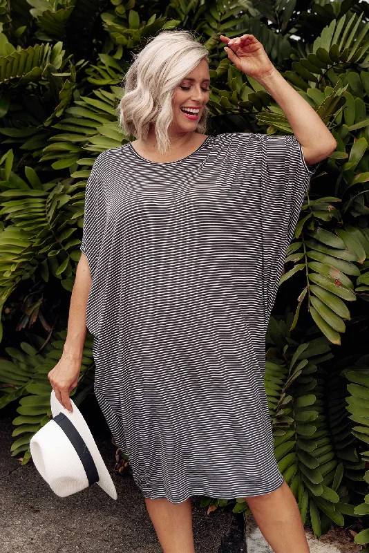 Wrap - style midi dresses in silk for a sophisticated office look Charcoal Stripe Maui Dress