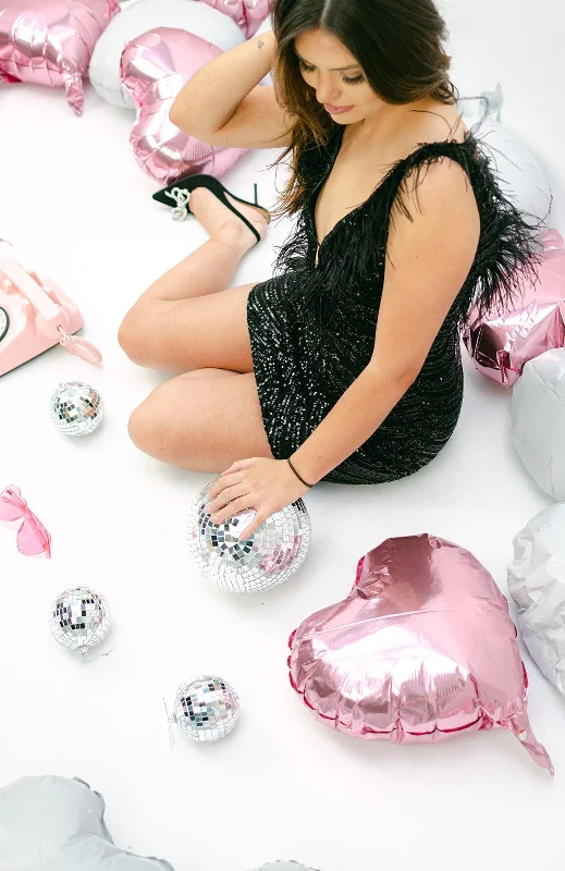 Ruffled mini dresses for a romantic touch Black Sequin Feather Cocktail Dress
