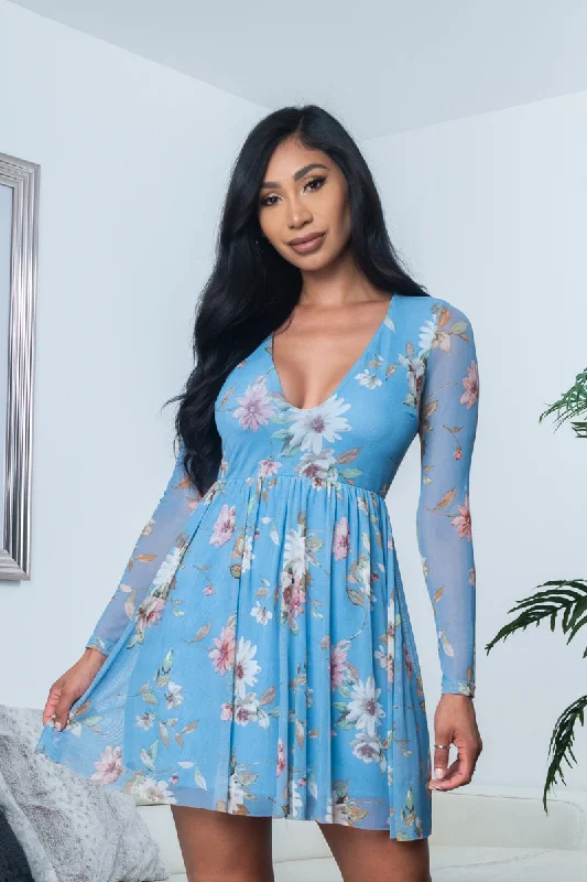 Ruffled mini dresses for a romantic touch Floral Print Sheer Mesh Long Sleeve Plunge V Neck Mini Dress with Flowy Circle Skirt, Fully Lined (R6976-5) Y Ruffled mini dresses for a romantic touch Floral Print Sheer Mesh Long Sleeve Plunge V Neck Mini Dress with Flowy Circle Skirt, Fully Lined (R6976-5) Y