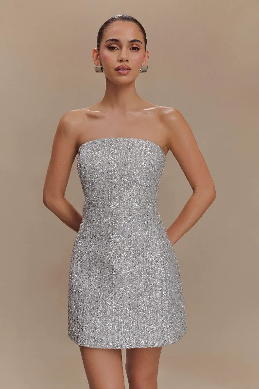 Mini dresses with empire waists for a flattering fit Gala Strapless Tweed Mini Dress - Silver Mini dresses with empire waists for a flattering fit Gala Strapless Tweed Mini Dress - Silver