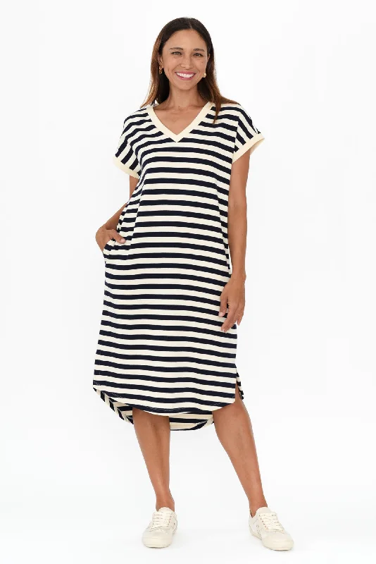 Midi dresses with cold - shoulder cutouts for a trendy style Jolene Navy Stripe Cotton T-Shirt Dress Midi dresses with cold - shoulder cutouts for a trendy style Jolene Navy Stripe Cotton T-Shirt Dress