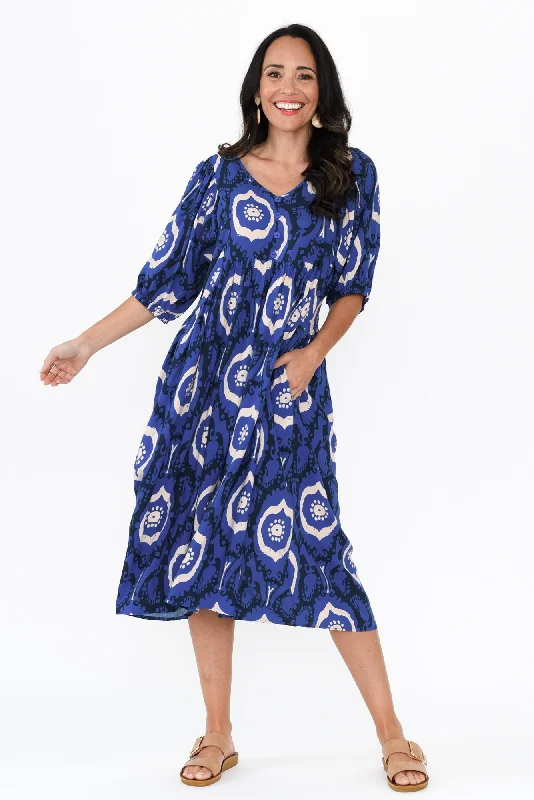 Midi dresses with pom - pom trims for a playful and festive look Pansy Blue Paisley Pocket Dress Midi dresses with pom - pom trims for a playful and festive look Pansy Blue Paisley Pocket Dress