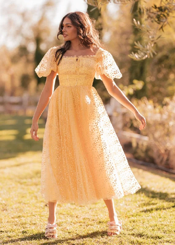 Midi dresses with metallic threads for a glamorous evening event Everbloom Dress