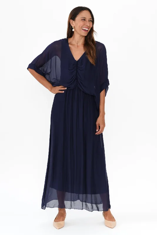 Midi dresses with abstract art prints for an artistic statement Kerry Navy Silk Gathered Dress